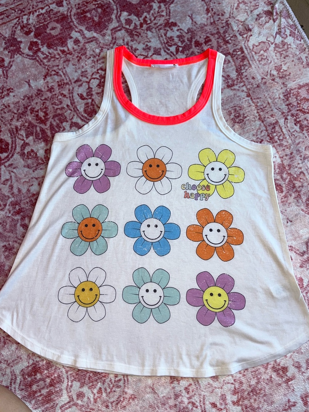 Phil Love White Tank with Multicolor Smiley Flower Print and Coral Trim